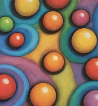 Esferas de colores vibrantes rebotan en una composición dinámica con texturas y sombras juguetonas