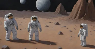 Un paisaje lunar detallado destaca la exploración con astronautas en un espacio desolado y estrellado