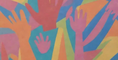 Fondo de papel colorido con ilustraciones juguetonas de manos infantiles y tijeras